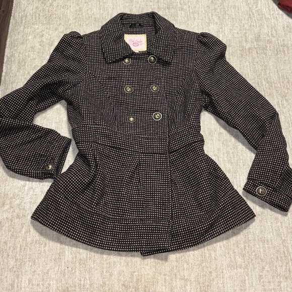 NEW Large Coat Black pink polka dots Bow back-lined Warm! Pink envelope junior - Picture 1 of 7